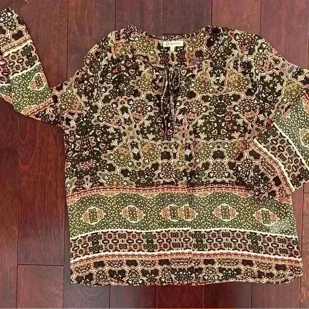 Democracy Women’s Boho Tie Front Tunic Top 3/4 Sleeve Sheer Shirt Blouse Size L - Picture 1 of 8